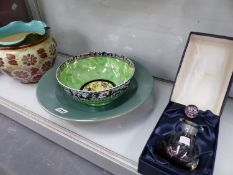 A BOXED CAITHNESS MILLEFIORE SCENT BOTTLE BY PETER HOLMES, A STUDIO POTTERY DISH, A MALLING BOWL