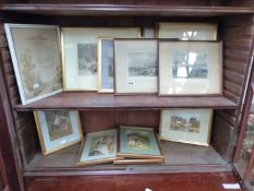 A QUANTITY OF 19th C. AND LATER PRINTS AND PICTURES, TOGETHER WITH A SILK EMBROIDERY.