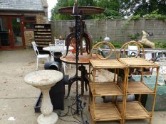 A PAIR OF THREE TIER BAMBOO STANDS, TOGETHER WITH A PAINTED WROUGHT IRON STANDARD LAMP AND A