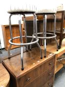 A PAIR OF WHITE SEATED BAR STOOLS, EACH ON FOUR CHROME TUBULAR LEGS TOGETHER WITH A 20th C. WALNUT