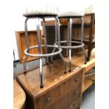 A PAIR OF WHITE SEATED BAR STOOLS, EACH ON FOUR CHROME TUBULAR LEGS TOGETHER WITH A 20th C. WALNUT