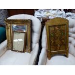 A EASTERN LACQUER THREE FOLD SCREEN, TOGETHER WITH A GILT FRAMED MIRROR AND A SMALL TRAY.