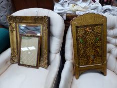 A EASTERN LACQUER THREE FOLD SCREEN, TOGETHER WITH A GILT FRAMED MIRROR AND A SMALL TRAY.