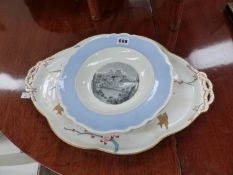 A VICTORIAN AESTHETIC PORCELAIN TRAY AND A PAIR OF SHALLOW BOWLS.