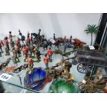 A SELECTION OF BRITAINS SOLDIERY, CARTS HORSES AND MOTORBIKE GUNNERY