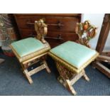 A PAIR OF POLYCHROME DECORATED LOW BACK HALL CHAIRS.