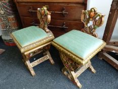 A PAIR OF POLYCHROME DECORATED LOW BACK HALL CHAIRS.