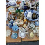 WEDGWOOD MUGS, STAFFORDSHIRE COBBLER AND COMPANION, MAJOLICA AND OTHER FIGURES TOGETHER WITH