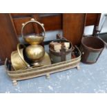A PAIR OF METAL YOLK BUCKETS, A BRASS COAL SCUTTLE, A FIRE FENDER, EASTERN VESSEL AND A PAIR OF WALL