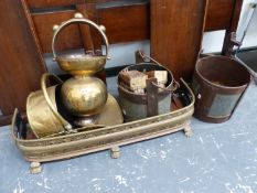 A PAIR OF METAL YOLK BUCKETS, A BRASS COAL SCUTTLE, A FIRE FENDER, EASTERN VESSEL AND A PAIR OF WALL