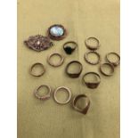 TWELEVE VARIOUS RINGS AND TWO BROOCHES.