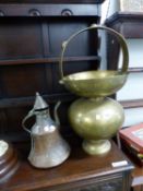 A LARGE EASTERN BRASS VESSEL AND A COPPER KETTLE.