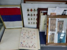 AN ALBUM OF LETTER CRESTS, A FRAME OF PAPER MONEY ANOTHER OF CAP BADGES, A FRAMED RED BLUE AND WHITE