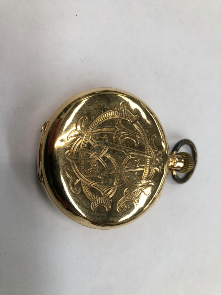 A CONTINENTAL 18ct STAMPED HALF HUNTER POCKET WATCH, ASSESSED AS 18ct GOLD, MONOGRAM ENGRAVED TO THE - Image 3 of 10