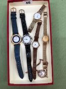 A VINTAGE 9ct GOLD LADIES WATCH ON A 9ct GOLD EXPANDING BRACELET, A LADIES LONGINES, SEKONDA AND