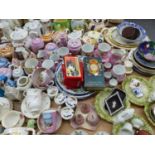GERMAN PINK GROUND PORCELAIN SOUVENIR WARES, OTHER TEA WARES, DRAUGHTS AND OTHER GAMES