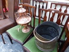 ANTIQUE COPPER TEA URN AND A COAL SCUTTLE.