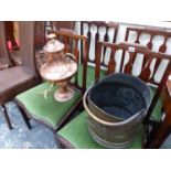 ANTIQUE COPPER TEA URN AND A COAL SCUTTLE.