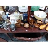 A CUT GLASS TABLE LAMP, VARIOUS TREEN, PEWTER, AN EBONISED DECANTER CARRIER ETC.