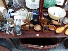 A CUT GLASS TABLE LAMP, VARIOUS TREEN, PEWTER, AN EBONISED DECANTER CARRIER ETC.