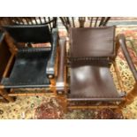 TWO LEATHER AND TURNED WOOD ARM CHAIRS WITH ADJUSTABLE BACKS ATTRIBUTED TO TABRIZI