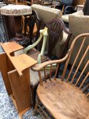 A VICTORIAN MAHOGANY PIANO STOOL, A PAINTED WOOD PIER TABLE, A PINE HOOP BACK ELBOW CHAIR, A PINE
