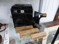 A MAGIC LANTERN TOGETHER WITH THREE BOXES OF SLIDES