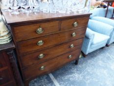 A 19th C. MAHOGANY CHEST OF TWO SHORT AND THREE LONG DRAWERS ON SPLAY FEET. W 101 x D 50.5 x H 95.