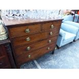 A 19th C. MAHOGANY CHEST OF TWO SHORT AND THREE LONG DRAWERS ON SPLAY FEET. W 101 x D 50.5 x H 95.