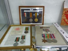 THREE FRAMES OF WWI AND WWII MEDALS TO INCLUDE A DEFENCE MEDAL