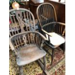 AN OAK AND ELM WINDSOR ROCKING CHAIR TOGETHER WITH A WINDSOR TYPE CHAIR WITH NINE STICK HOOP BACK