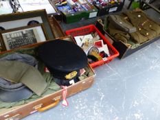 A KHAKI UNIFORM, FATIGUES, A NAVAL CAP, CLOTH BADGES AND OTHER MILITARIA