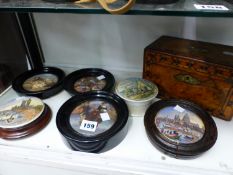 SIX POT LIDS TOGETHER WITH A TUNBRIDGE WARE TWO COMPARTMENT TEA CADDY