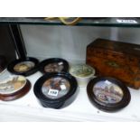 SIX POT LIDS TOGETHER WITH A TUNBRIDGE WARE TWO COMPARTMENT TEA CADDY