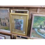 A GROUP OF EIGHT VARIOUS 19th C. AND LATER WATERCOLOURS, OIL PAINTINGS AND PRINTS.