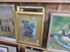A GROUP OF EIGHT VARIOUS 19th C. AND LATER WATERCOLOURS, OIL PAINTINGS AND PRINTS.