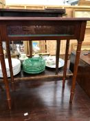 A MODERN GLAZED MAHOGANY DISPLAY TABLE. W 60 x D 29 x H 69cms. A BUTTON UPHOLSTERED CIRCULAR FOOT