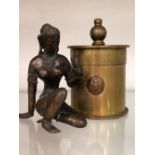 AN ANTIQUE EASTERN BRONZE DEITY FIGURE TOGETHER WITH A TRENCH ART LIDDED POT.
