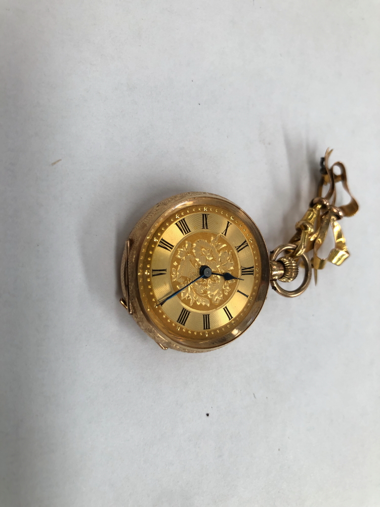 A CONTINENTAL 14ct GOLD LADIES FOB WATCH WITH A 9ct GOLD BOW BROOCH FITTING. WINDS AND RUNS, NO - Image 2 of 7