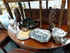 THREE 19th C. COPPER SAUCEPANS, VARIOUS SILVER PLATED WARES, AND TWO CARVED ORIENTAL FIGURES.