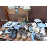 VARIOUS 19th C. CHINA WARES, TOGETHER WITH A TABLE LAMP, CLOGS, SHELLS, A WASP TRAP, ETC.