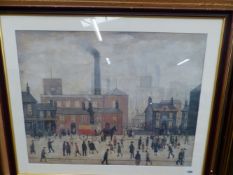A LARGE PRINT AFTER L.S. LOWRY AND A HUNTING PRINT.