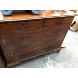 A 19th C. MAHOGANY CHEST OF TWO SHORT AND THREE GRADED LONG DRAWERS ON SHAPED BRACKET FEET. W 118