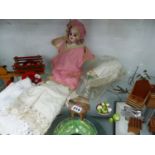 A HEUBACH BISQUE HEADED DOLL, OTHER TOYS TOGETHER WITH JAPANESE WOODEN DOLLS HOUSE FURNITURE