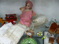 A HEUBACH BISQUE HEADED DOLL, OTHER TOYS TOGETHER WITH JAPANESE WOODEN DOLLS HOUSE FURNITURE