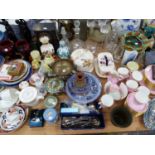 MAJOLICA SHELL DISHES, PINK TEA AND COFFEE WARES, DRINKING GLASS, A SILVER MOUNTED GLASS DECANTER,