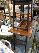 AN ARTS AND CRAFTS MAHOGANY TABLE WITH A SERPENTINE EDGED RECTANGULAR PLANK TOP TOGETHER WITH AN