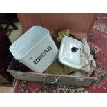 MILITARY UNIFORM, VINTAGE CLOTHING, A BREAD BIN, CONTAINED IN A LARGE VINTAGE TRUNK.