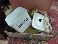 MILITARY UNIFORM, VINTAGE CLOTHING, A BREAD BIN, CONTAINED IN A LARGE VINTAGE TRUNK.