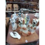 A QUANTITY OF NAO AND LLADRO FIGURINES, TWO DOULTON FIGURES, STAFFORDSHIRE TYPE SPANIELS ETC.